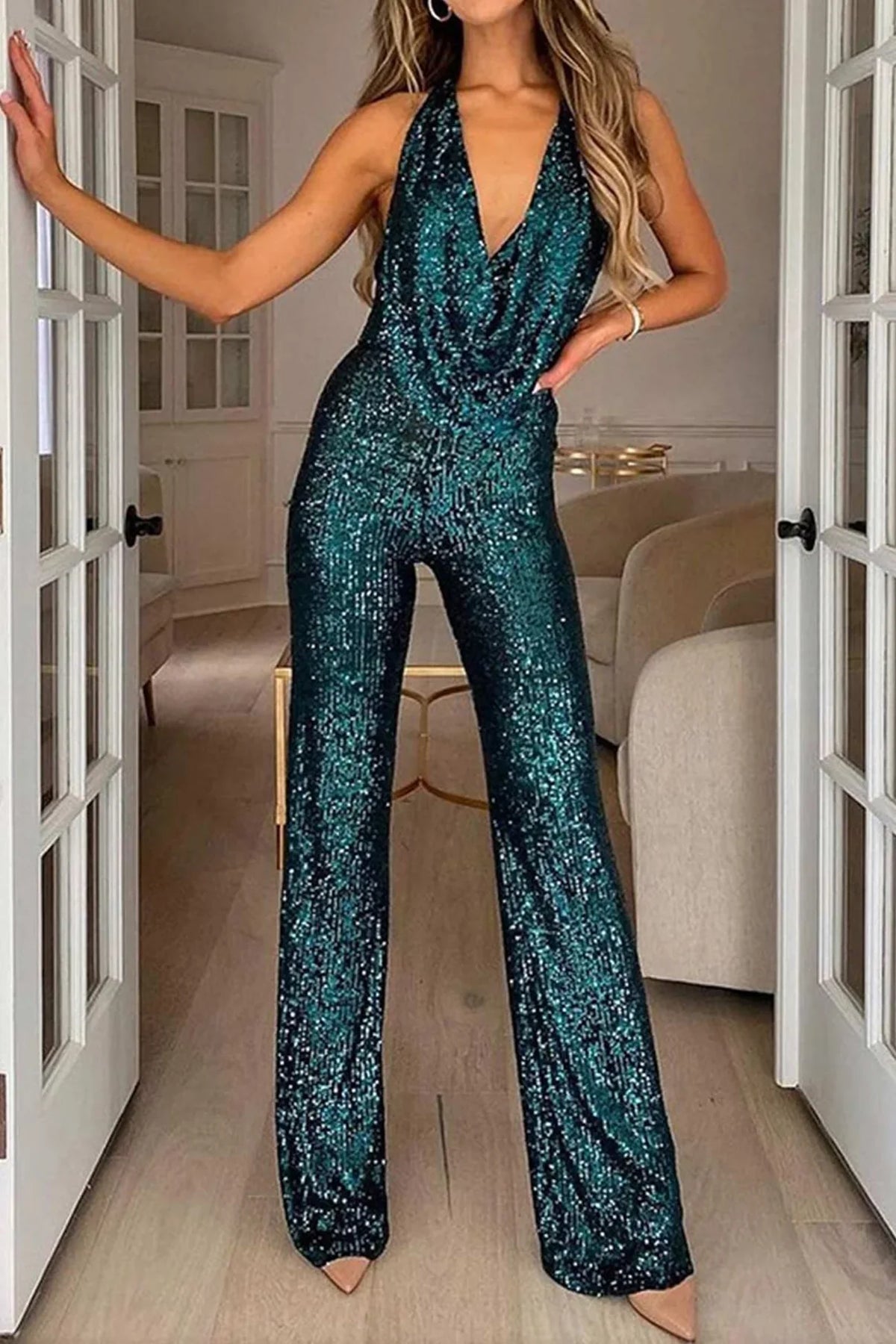 Bella Novelle damesjumpsuit met glitterdetails in goud