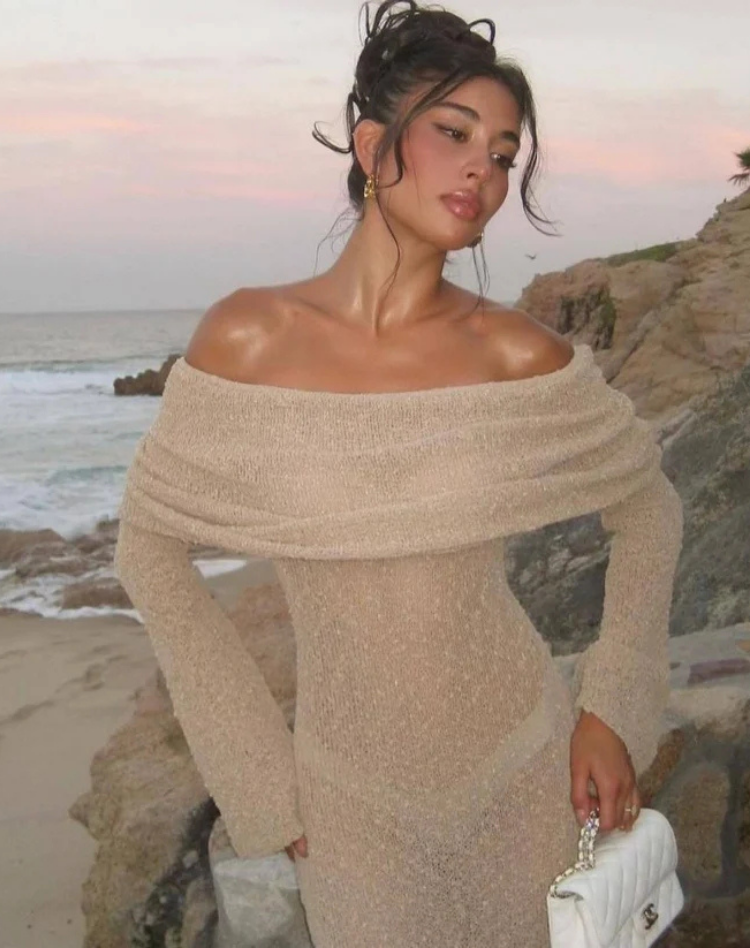 Bella Novelle gebreide off-shoulder maxi-jurk dames, productfoto 3