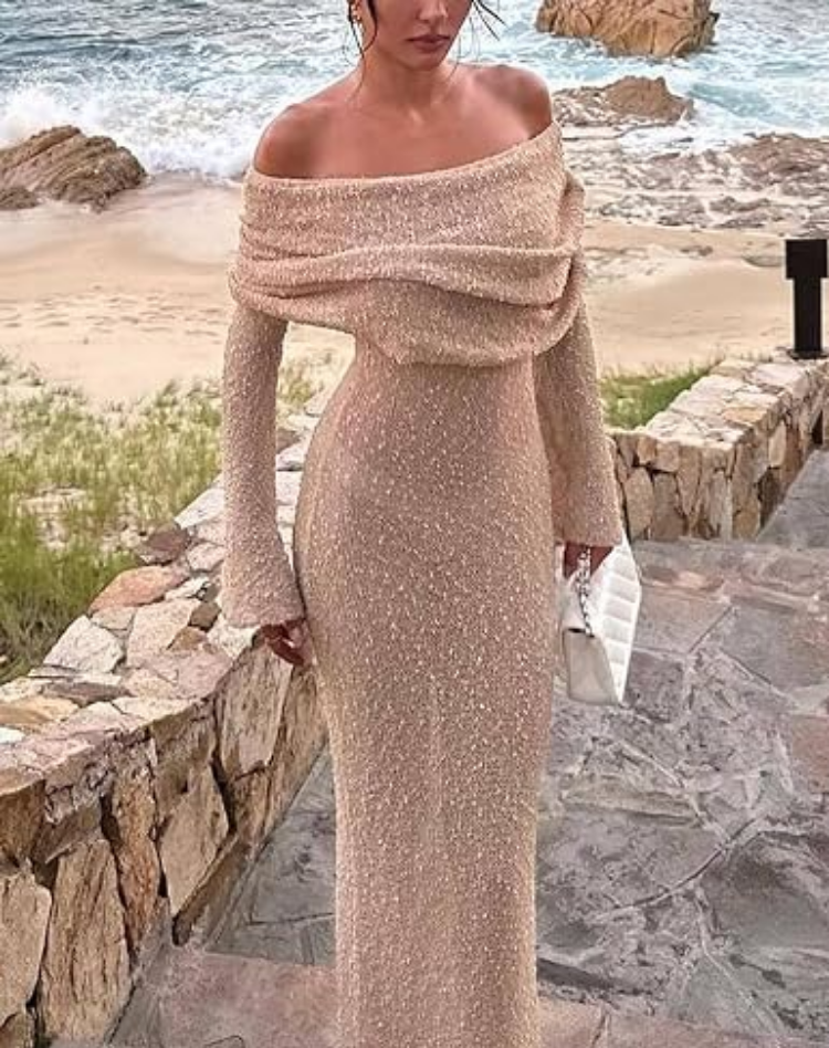 Bella Novelle gebreide off-shoulder maxi-jurk dames, productfoto 4