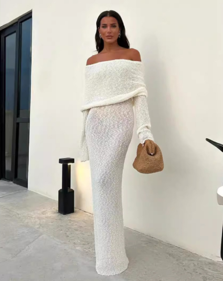 Bella Novelle gebreide off-shoulder maxi-jurk dames, productfoto 5