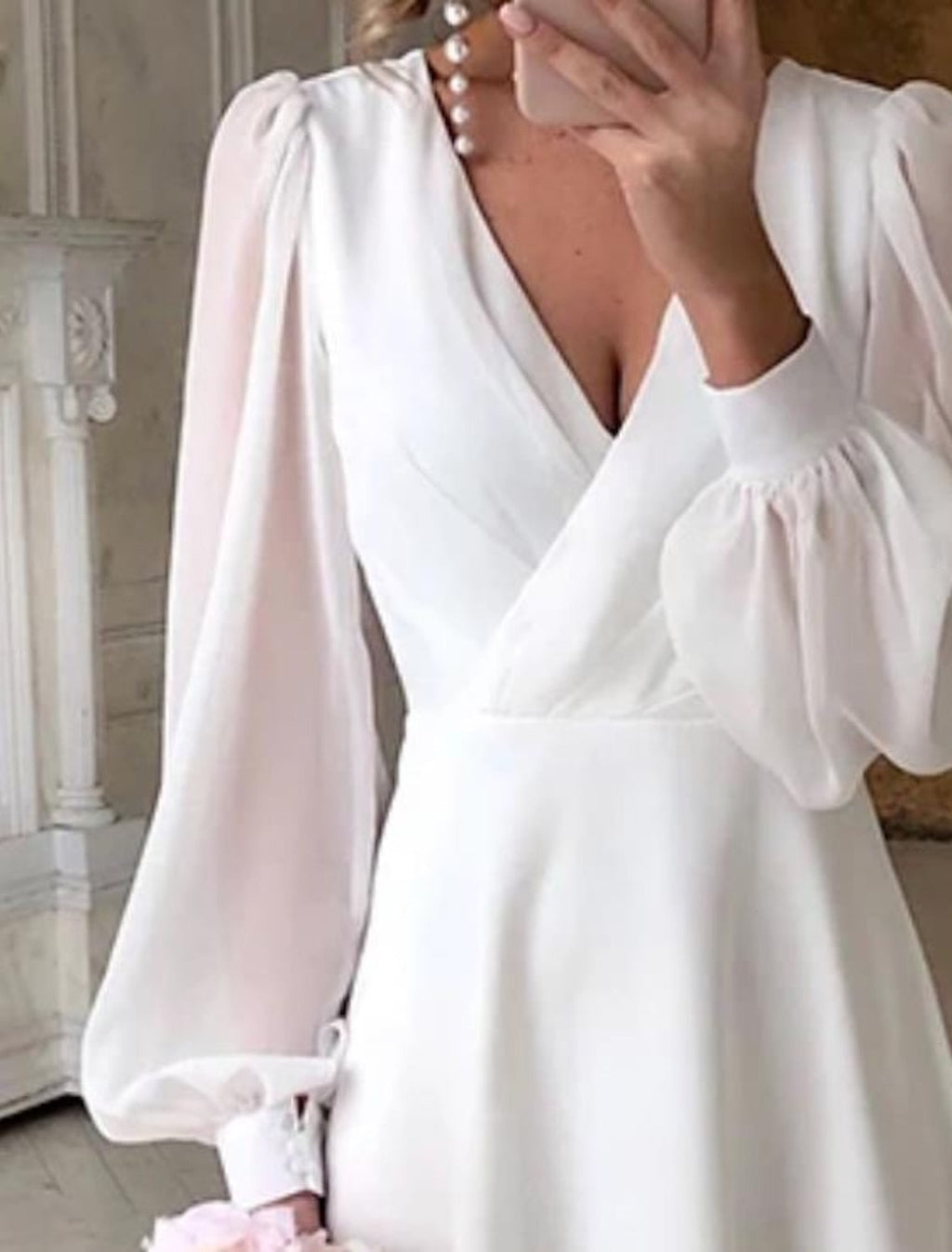 Bella Novelle witte midi jurk met lange pofmouwen, productfoto