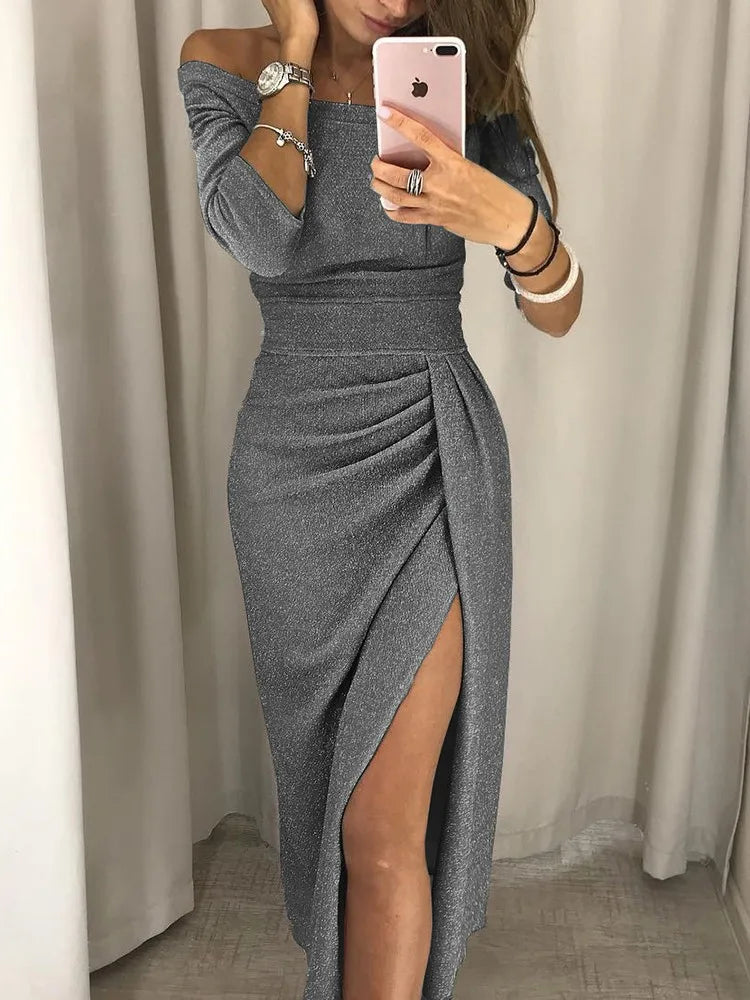 Bella Novelle glinsterende off-shoulder midi-jurk voor dames in grijs