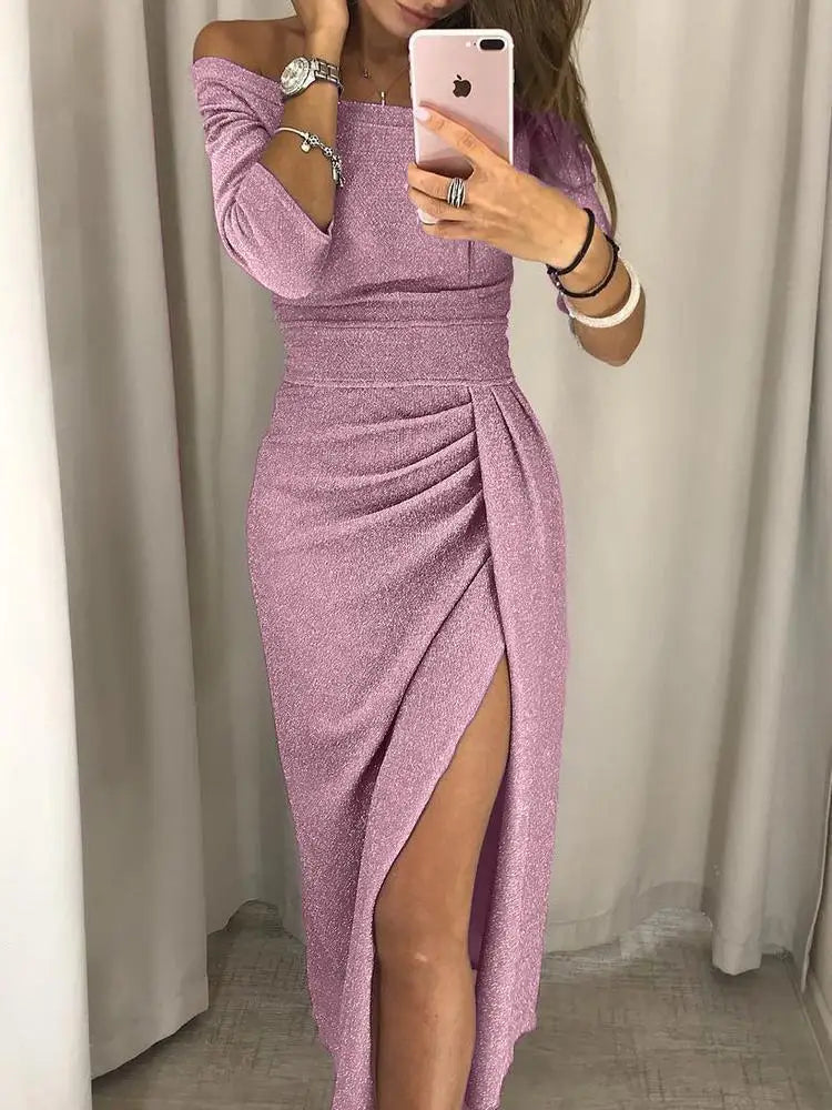 Bella Novelle glinsterende off-shoulder midi-jurk voor dames in roze