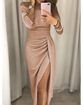 Bella Novelle glinsterende off-shoulder midi-jurk voor dames in champagne