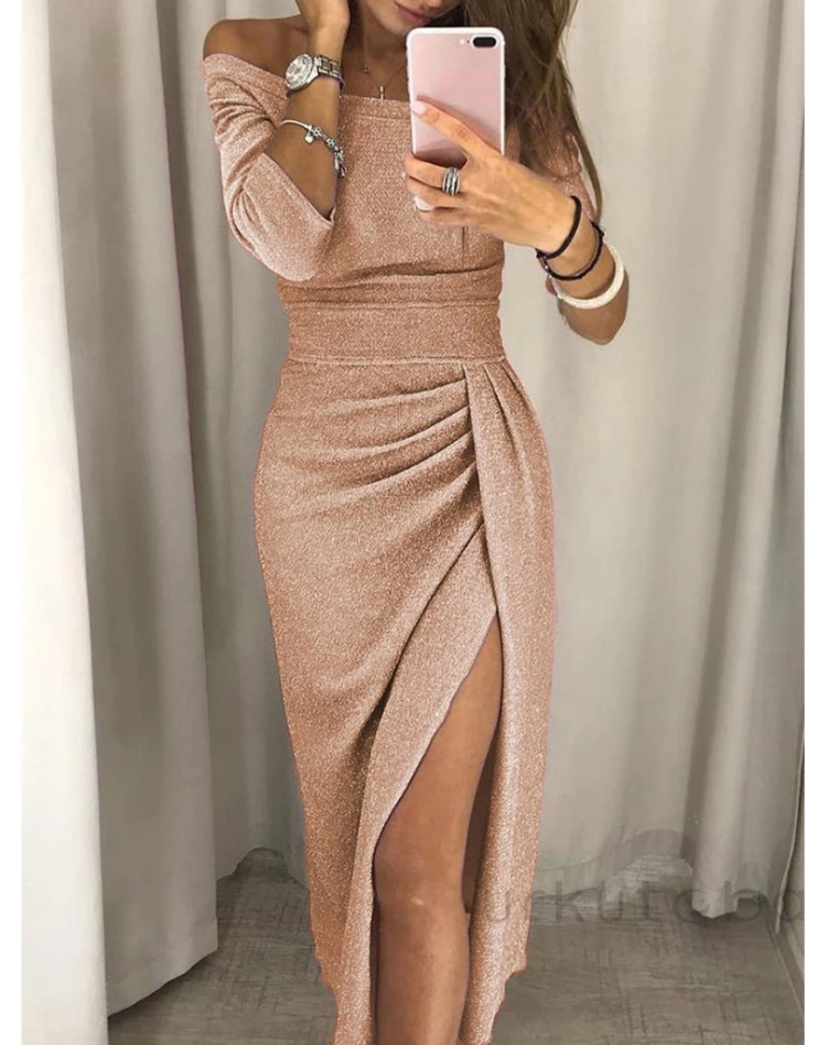 Bella Novelle glinsterende off-shoulder midi-jurk voor dames in champagne