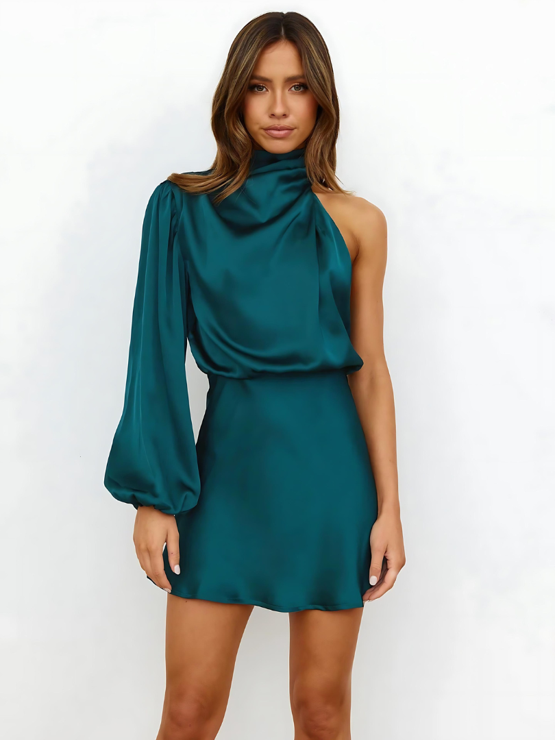 Bella Novelle one-shoulder satijnen minijurk voor dames in meerblauw