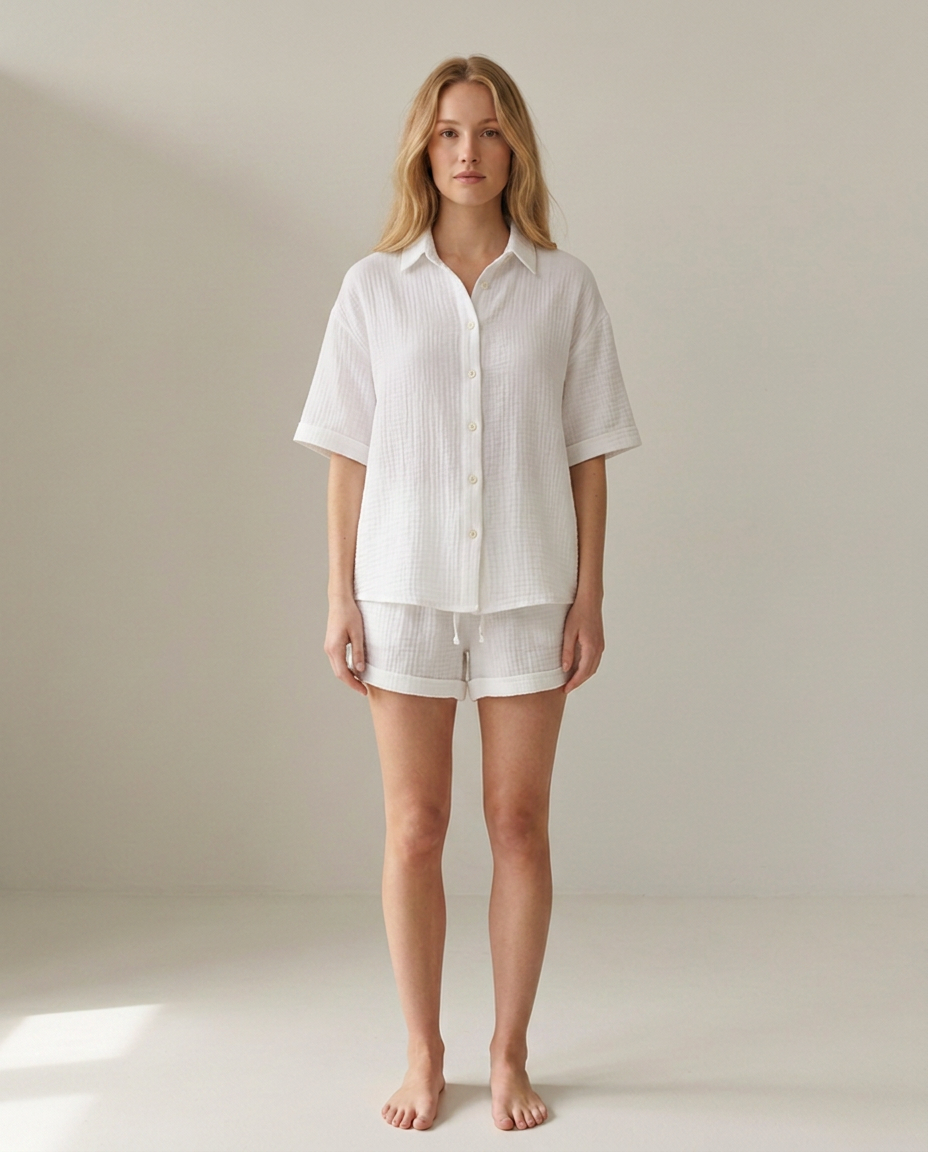 Katoenen loungewear set met shorts in wit