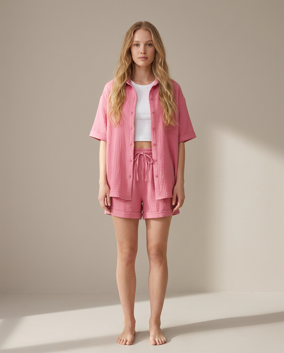 Katoenen loungewear set met shorts in roze
