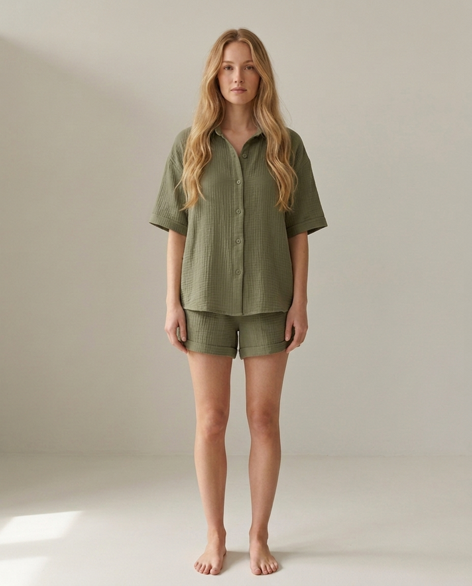 Katoenen loungewear set met shorts in khaki