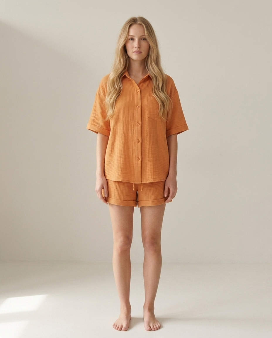 Katoenen loungewear set met shorts in oranje