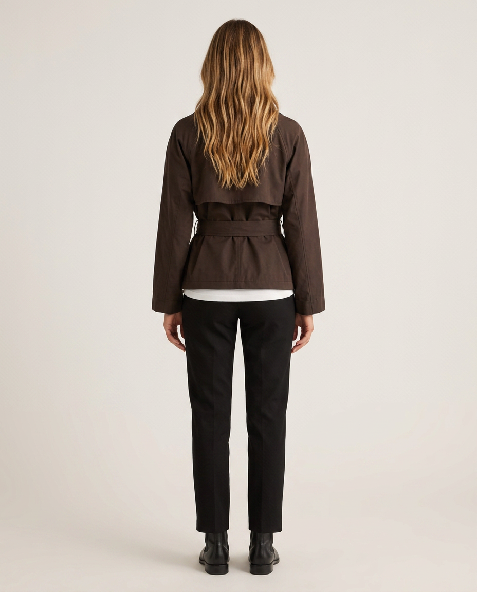 Bella Novelle korte trenchcoat met ceintuur, achteraanzicht