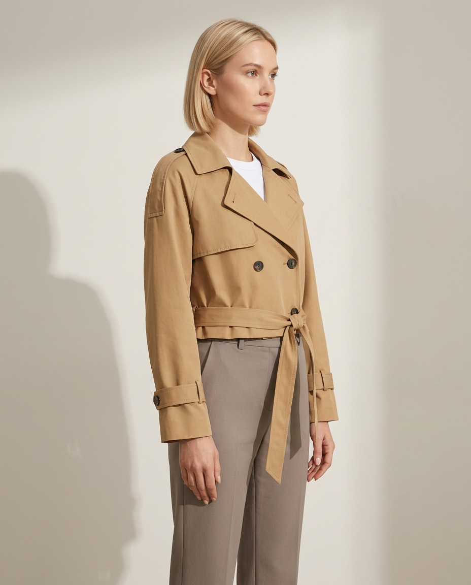 Bella Novelle korte trenchcoat met stormflap, zijaanzicht