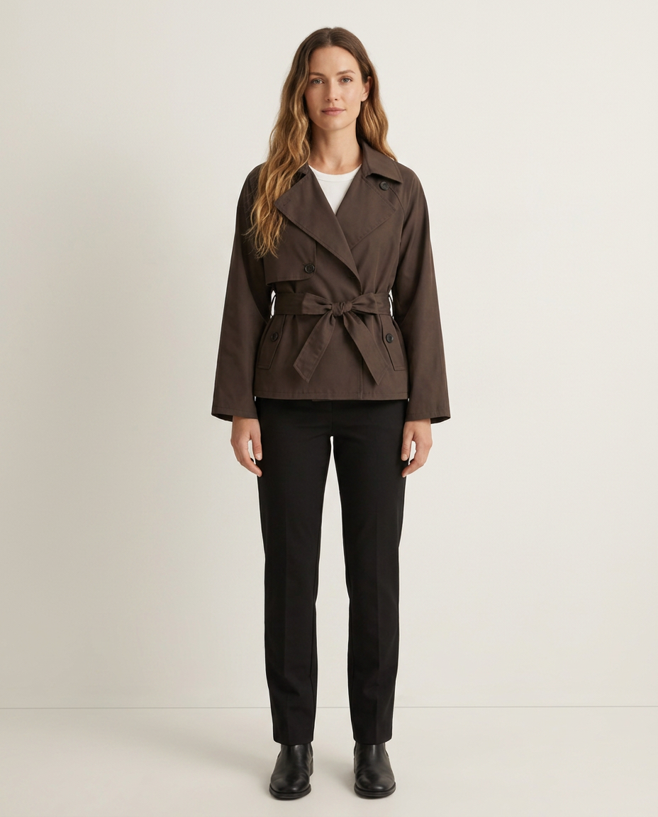 Bella Novelle korte trenchcoat met ceintuur, vooraanzicht