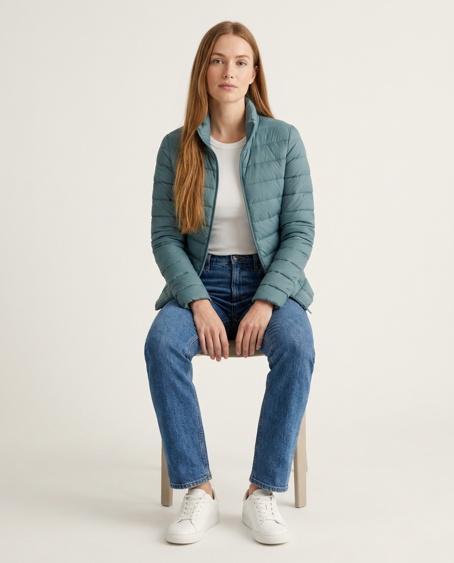 Bella Novelle lichtgewicht puffer jas, zittende pose