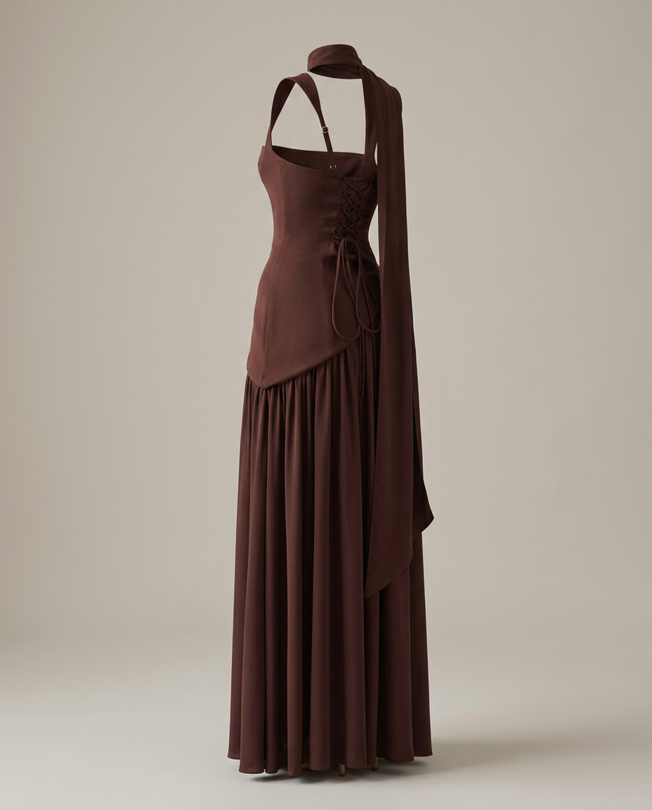 Gedrapeerde maxi-jurk met split in bruin - productfoto