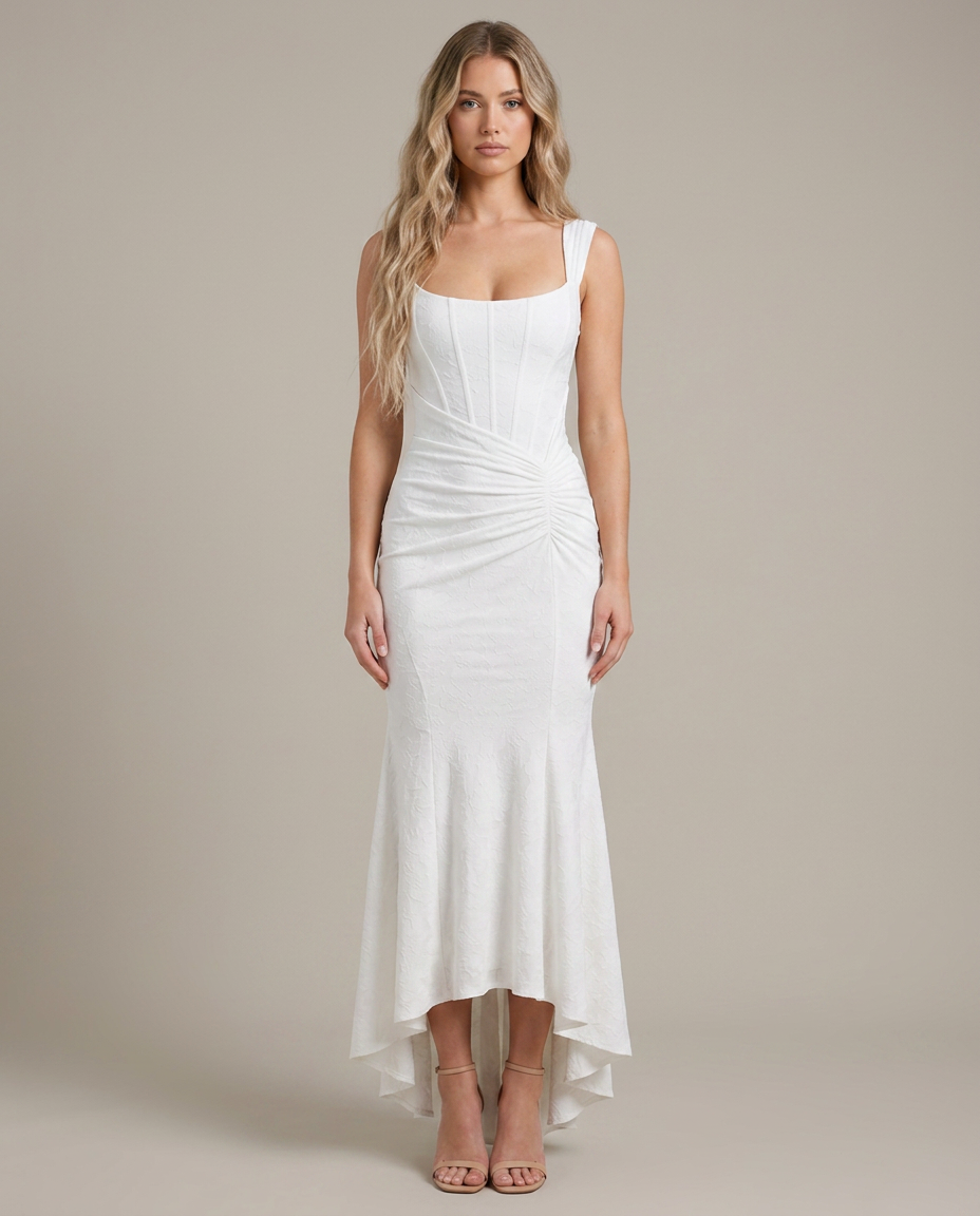 Maxi-jurk met korsetlijf en asymmetrische zoom in wit