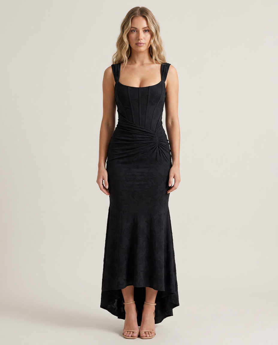 Maxi-jurk met korsetlijf en asymmetrische zoom in zwart