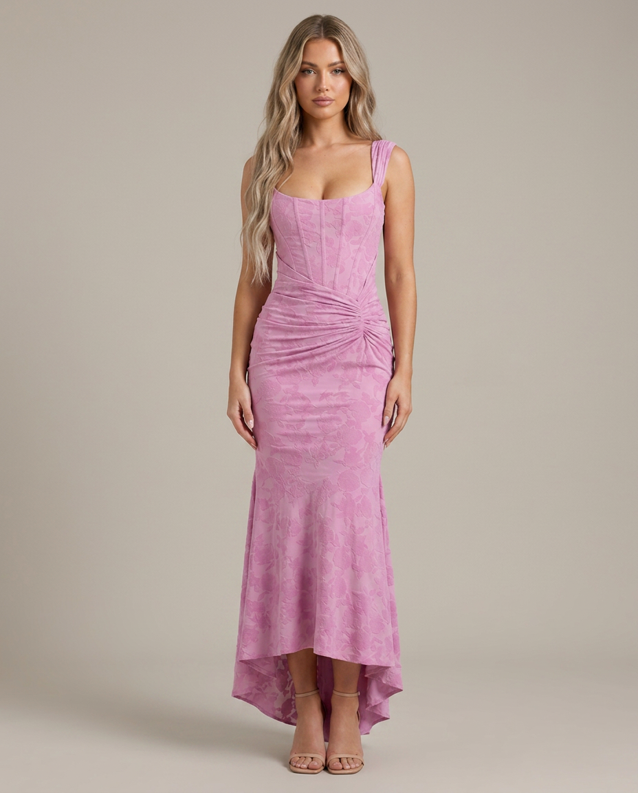 Maxi-jurk met korsetlijf en asymmetrische zoom in roze - vooraanzicht