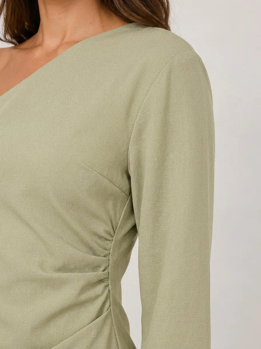 Bella Novelle one-shoulder maxi jurk, close-up van de stof