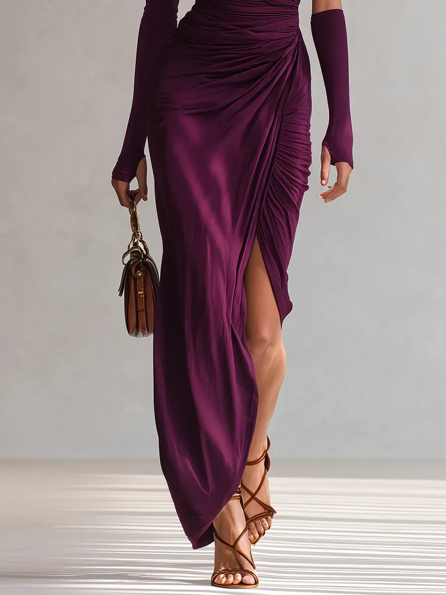 Bella Novelle one-shoulder maxi jurk met split in paars