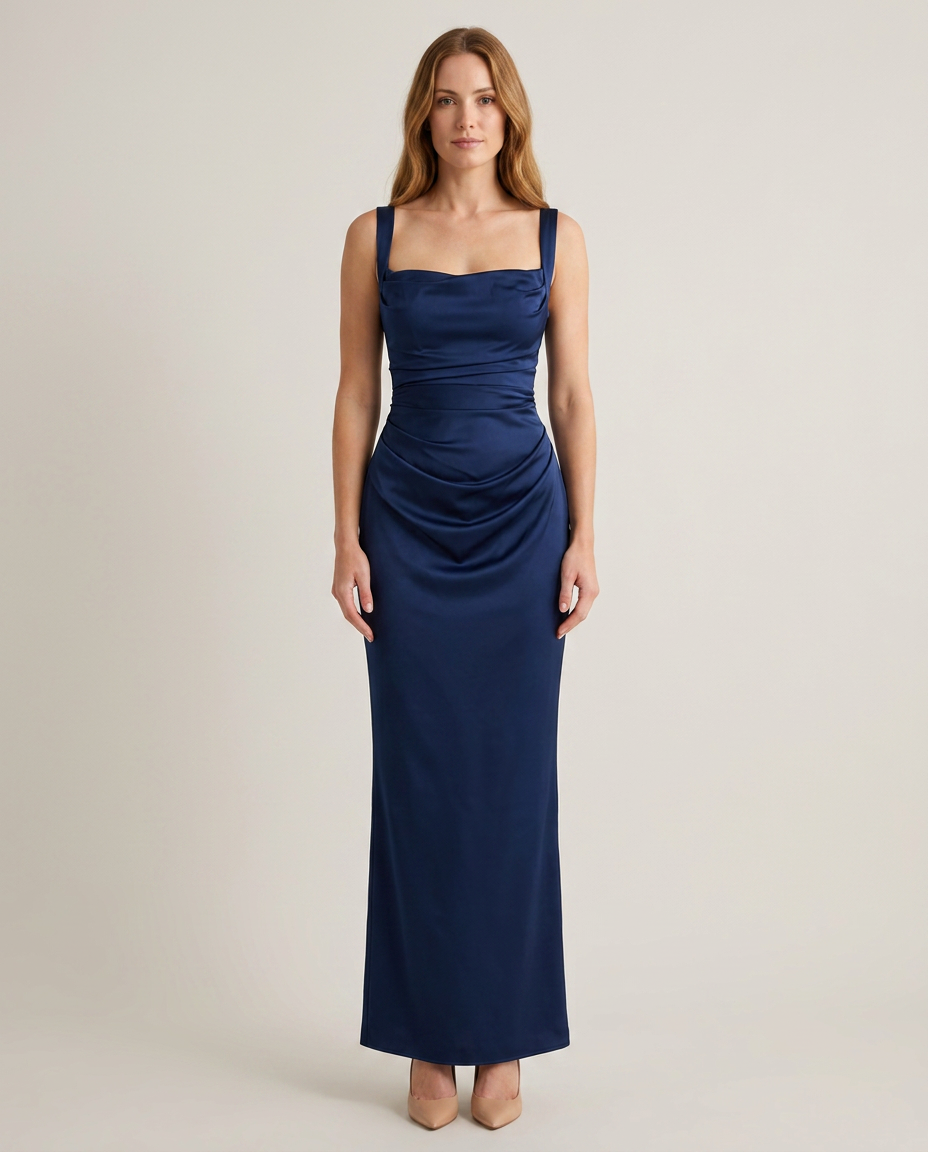 Bella Novelle satijnen maxi-jurk in marineblauw