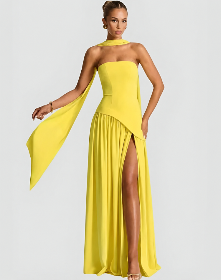 Bella Novelle strapless maxi galajurk met korset en sjaal, productfoto