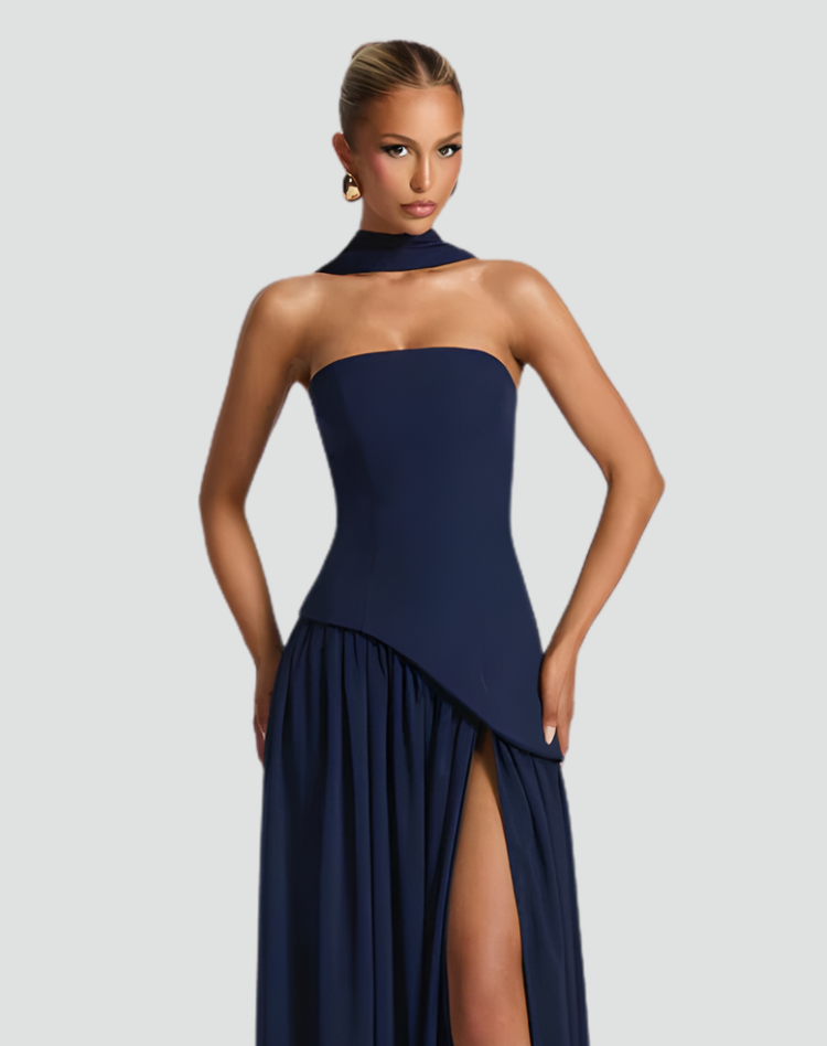 Bella Novelle strapless maxi galajurk met korset en sjaal in donkerblauw