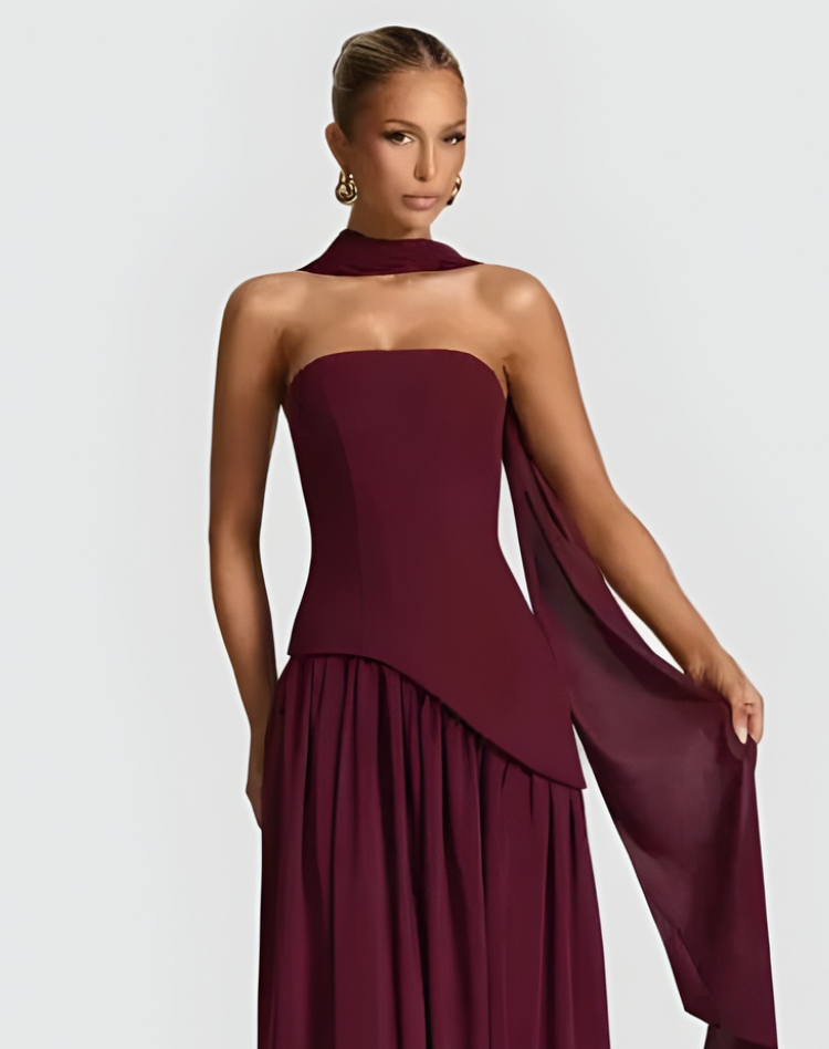 Bella Novelle strapless maxi galajurk met korset en sjaal, productfoto
