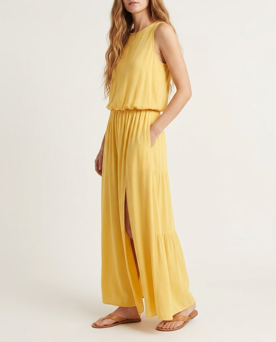 Boho maxi-jurk geel - zijaanzicht