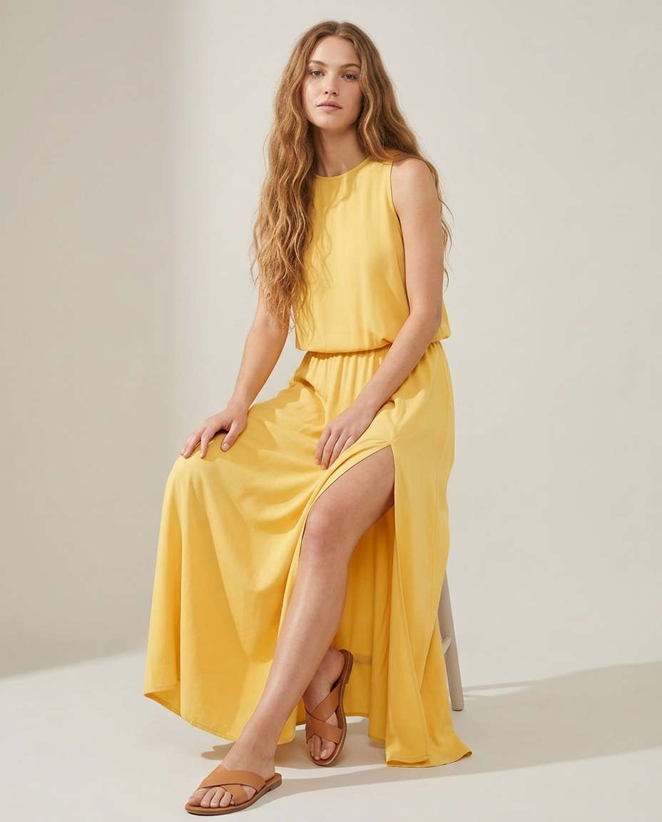 Boho maxi-jurk geel - zittende pose
