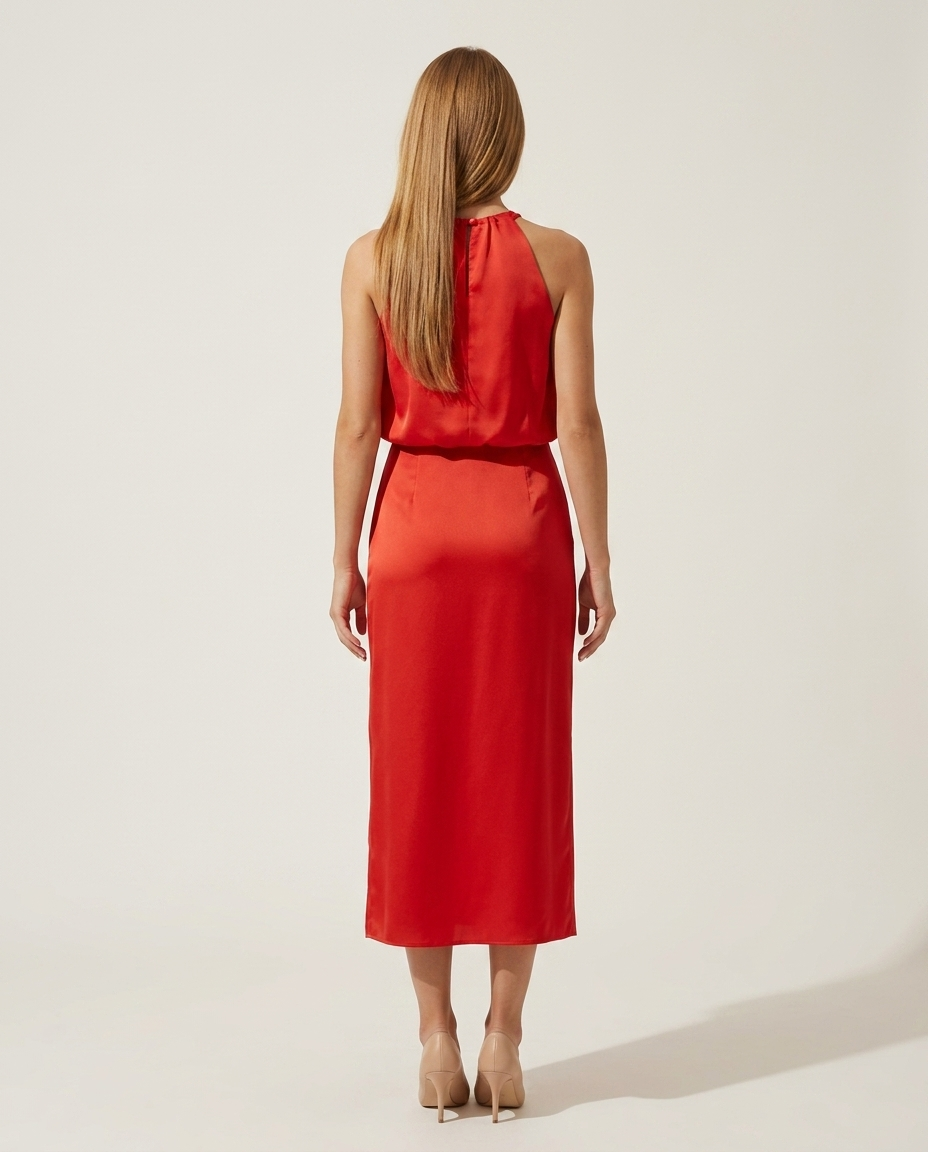 Midi-jurk neckholder rood achteraanzicht