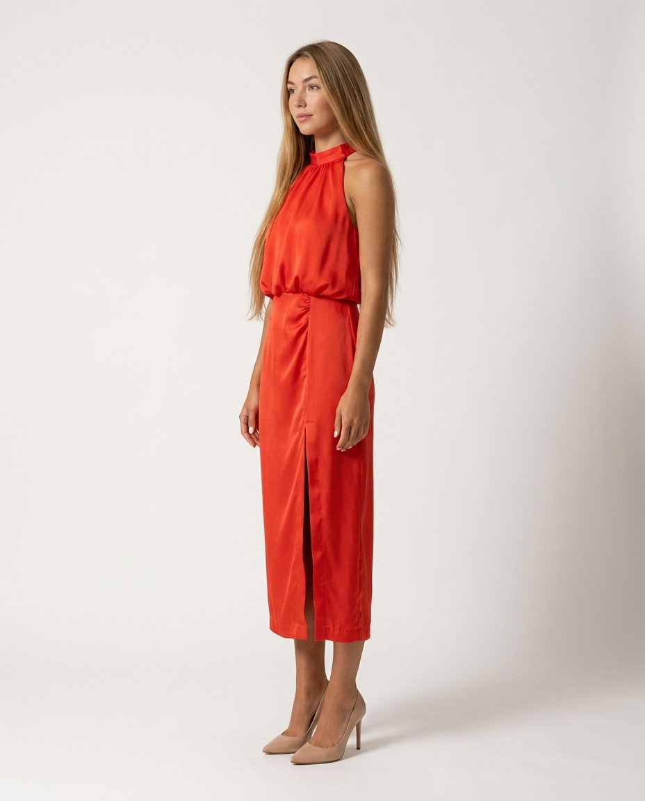 Midi-jurk neckholder rood zijaanzicht