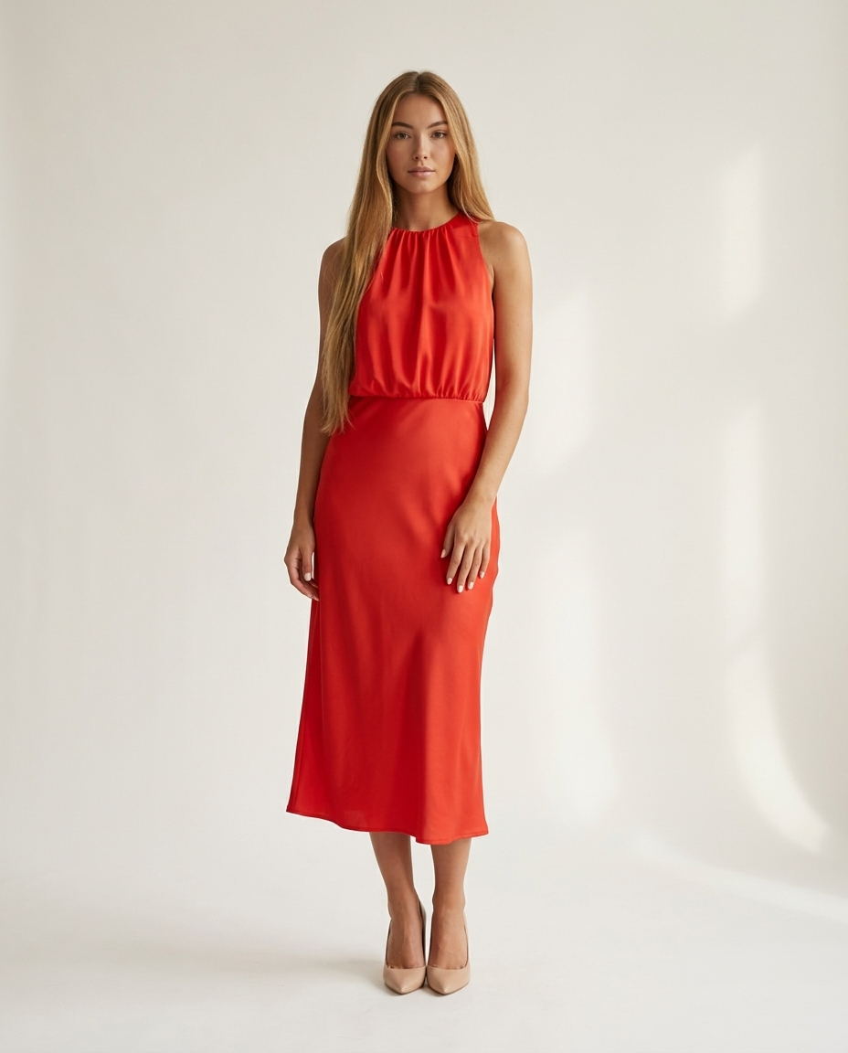 Midi-jurk neckholder rood staande pose
