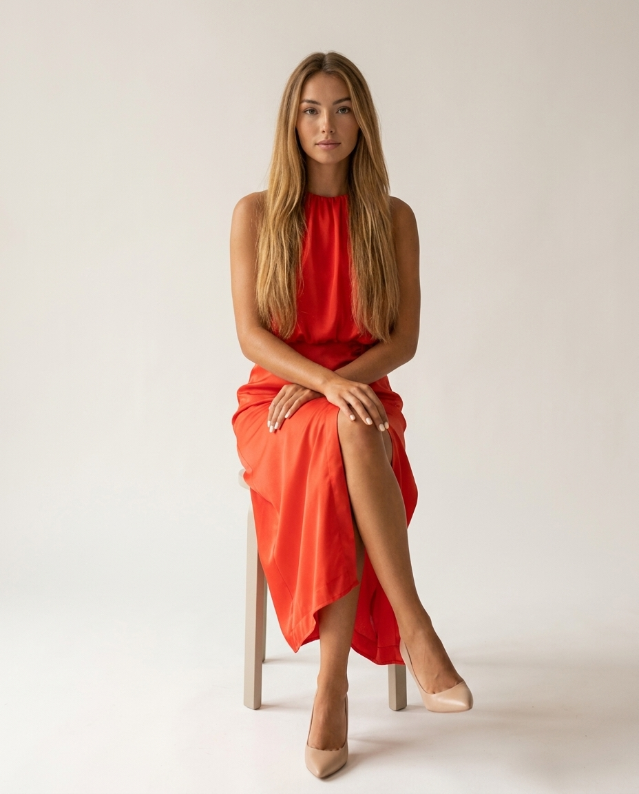 Midi-jurk neckholder rood zittende pose
