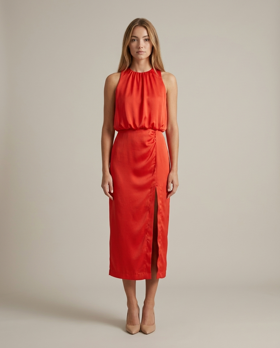 Midi-jurk neckholder rood vooraanzicht