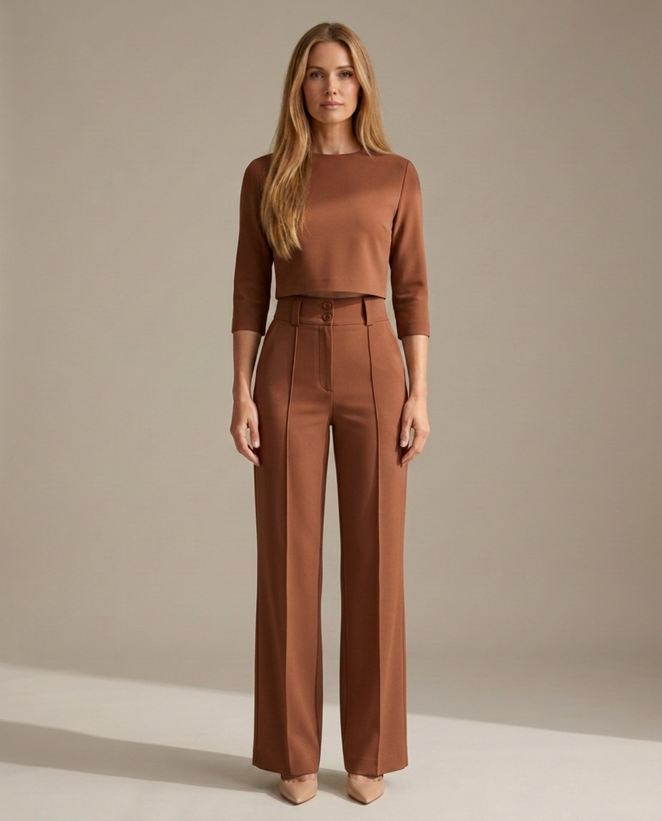 Minimalistisch top met wijde broek set in kastanjebruin