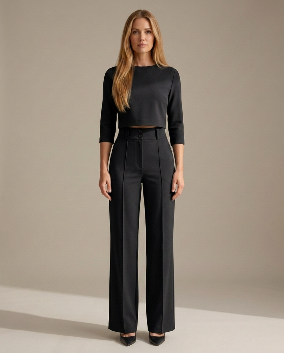 Minimalistisch top met wijde broek set in zwart