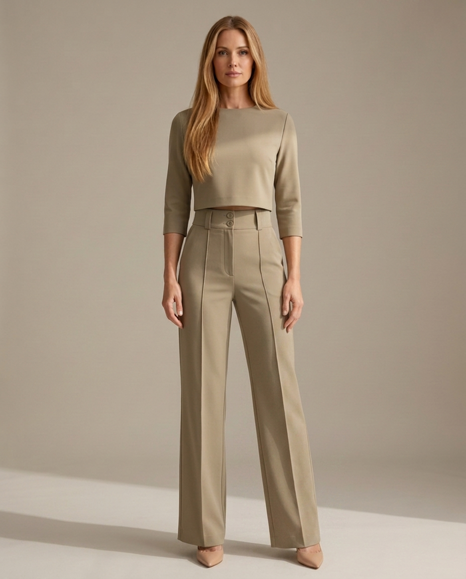 Minimalistische set in khaki - staande pose