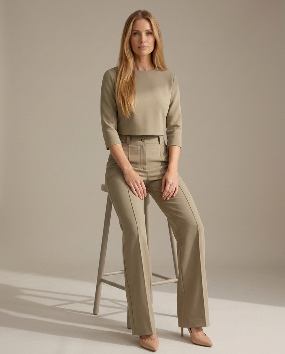 Minimalistische set in khaki - zittende pose
