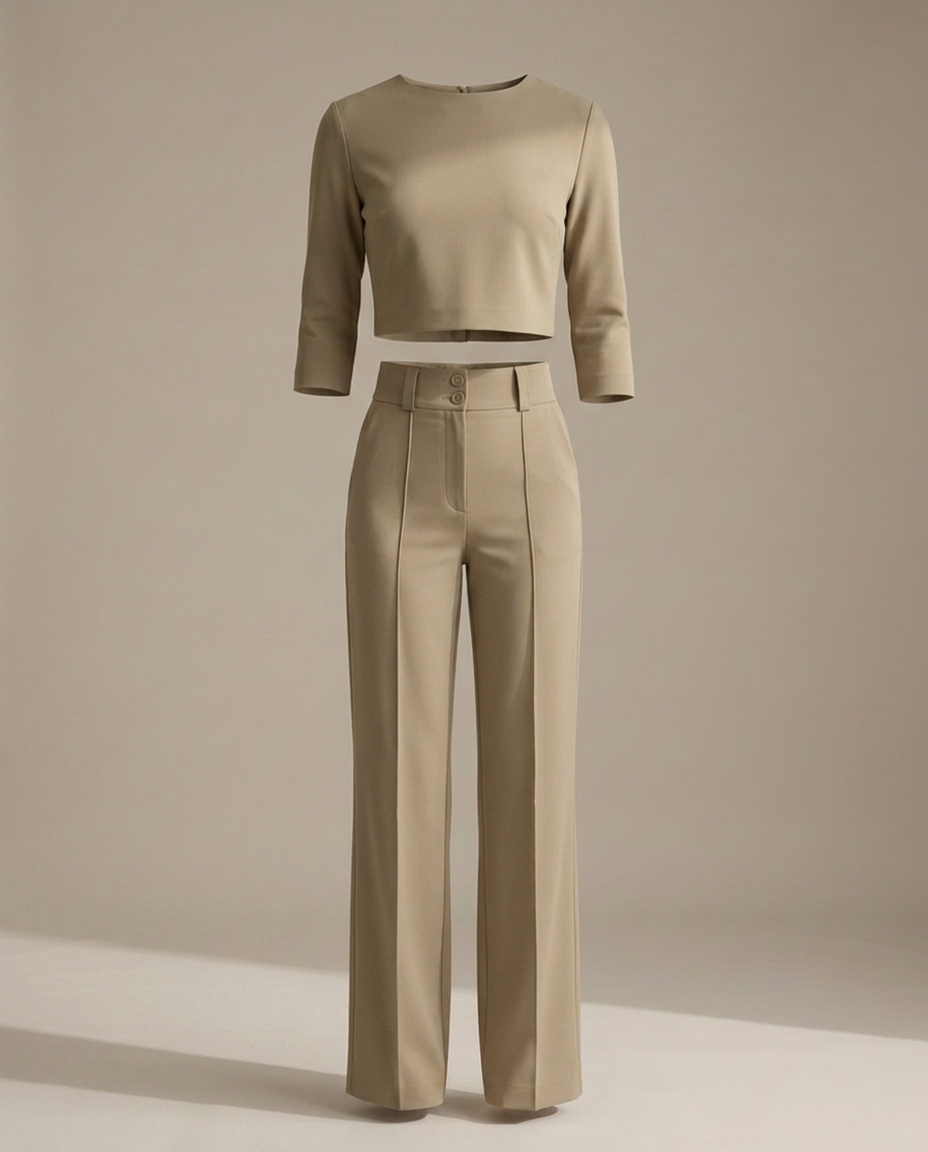 Minimalistische top-en-broekset in khaki - productfoto