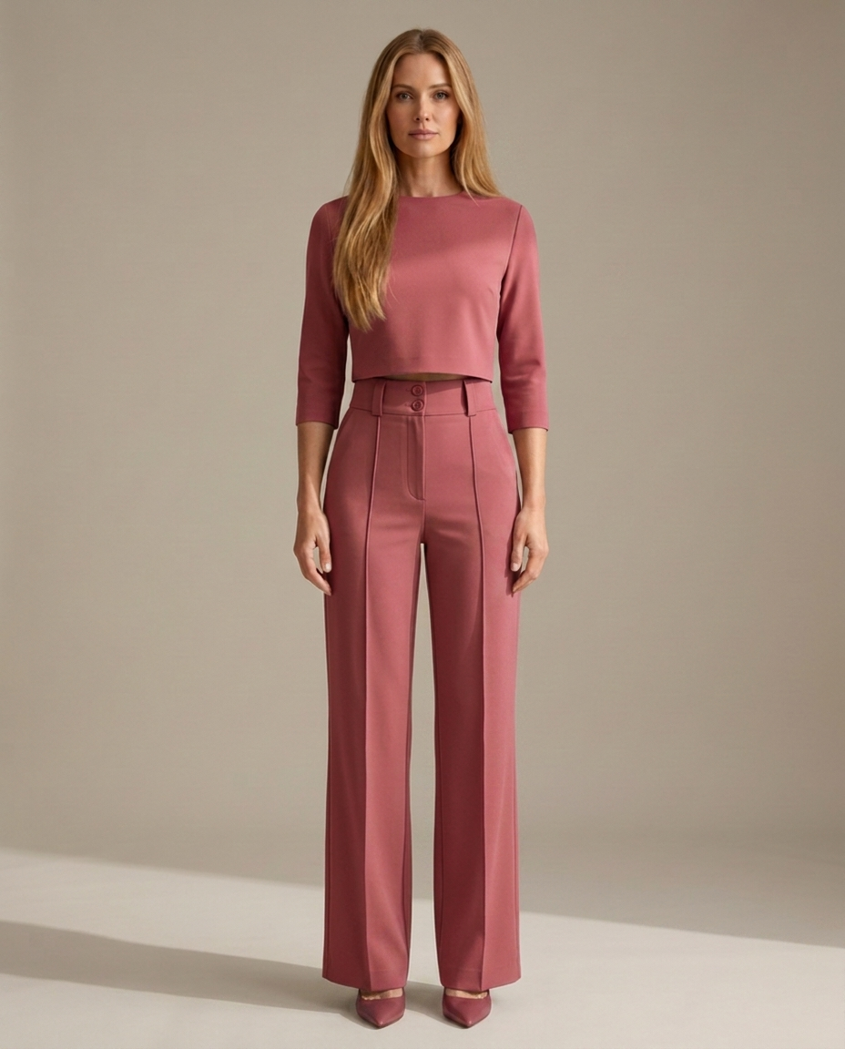 Minimalistisch top met wijde broek set in donkerroze