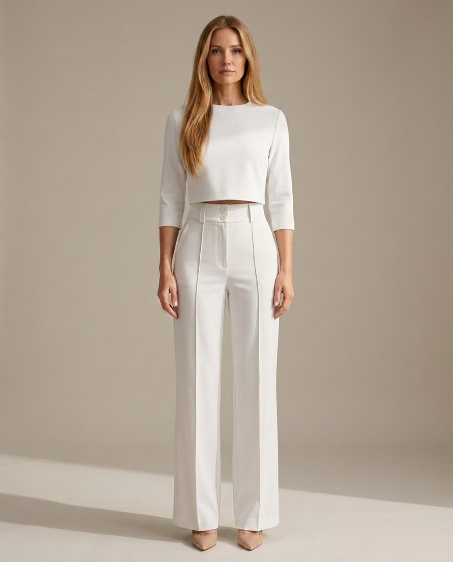 Minimalistisch top met wijde broek set in wit