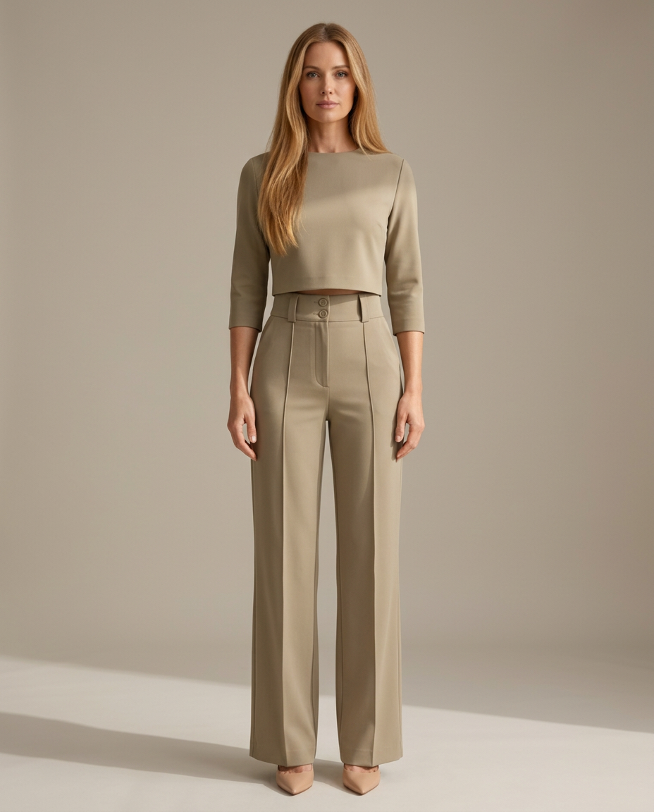 Minimalistisch top met wijde broek set in khaki - vooraanzicht