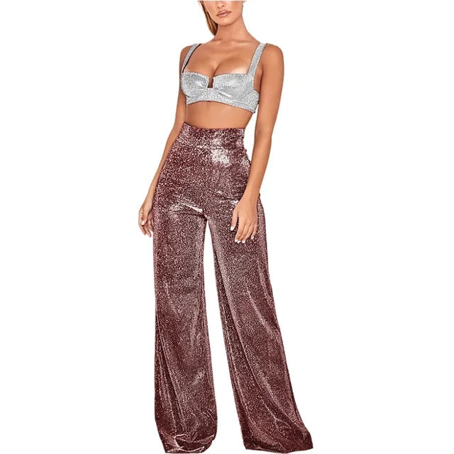 Bella Novelle flared glitter pantalon in bordeauxrood