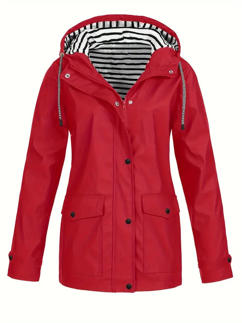 Bella Novelle regenjas met capuchon en gestreepte voering in rood