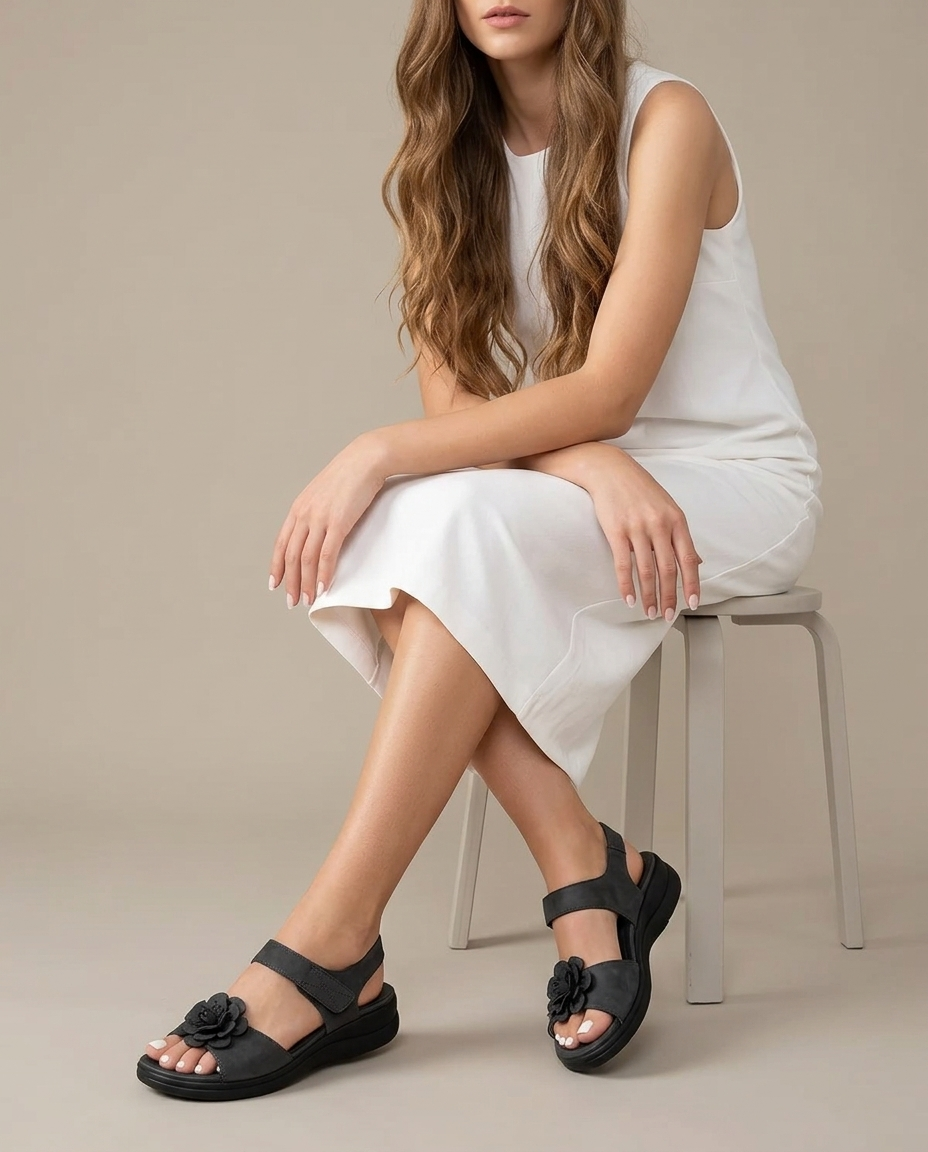Bella Novelle comfortsandalen met bloemdetail, zittende pose