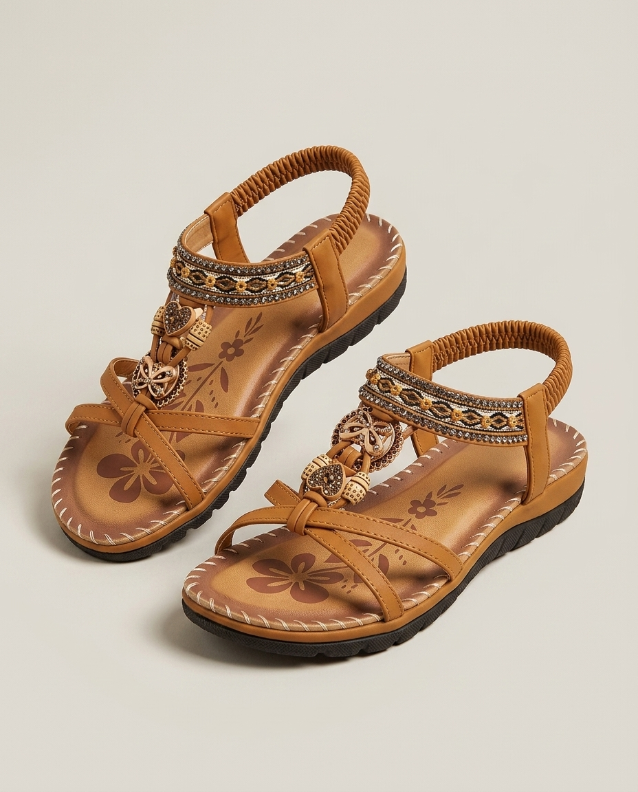 Bella Novelle comfortsandalen met bloemdetail in lichtbruin