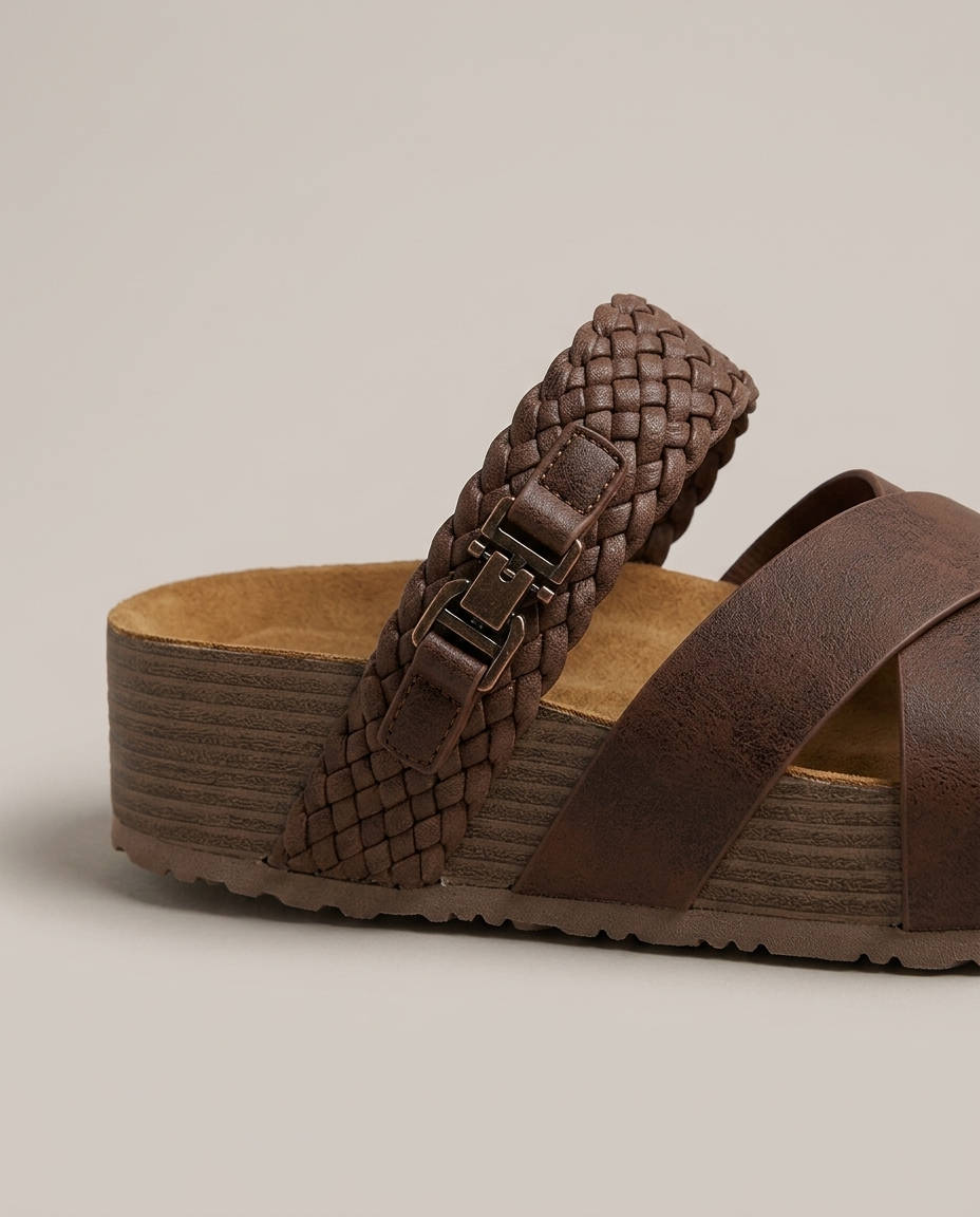 Bella Novelle plateausandalen, detail van de gesp en de plateauzool