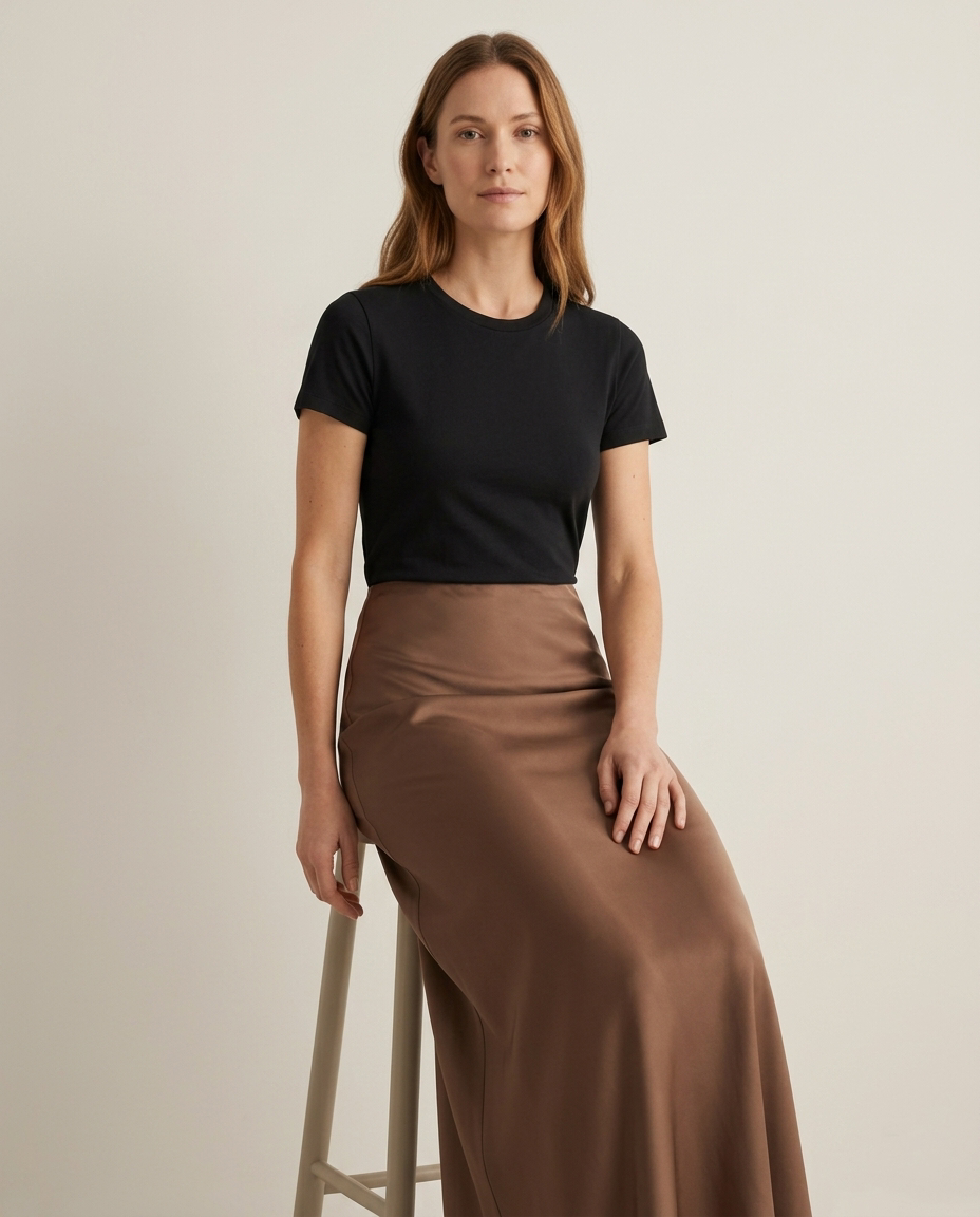Bella Novelle satijnen maxi rok, zittend