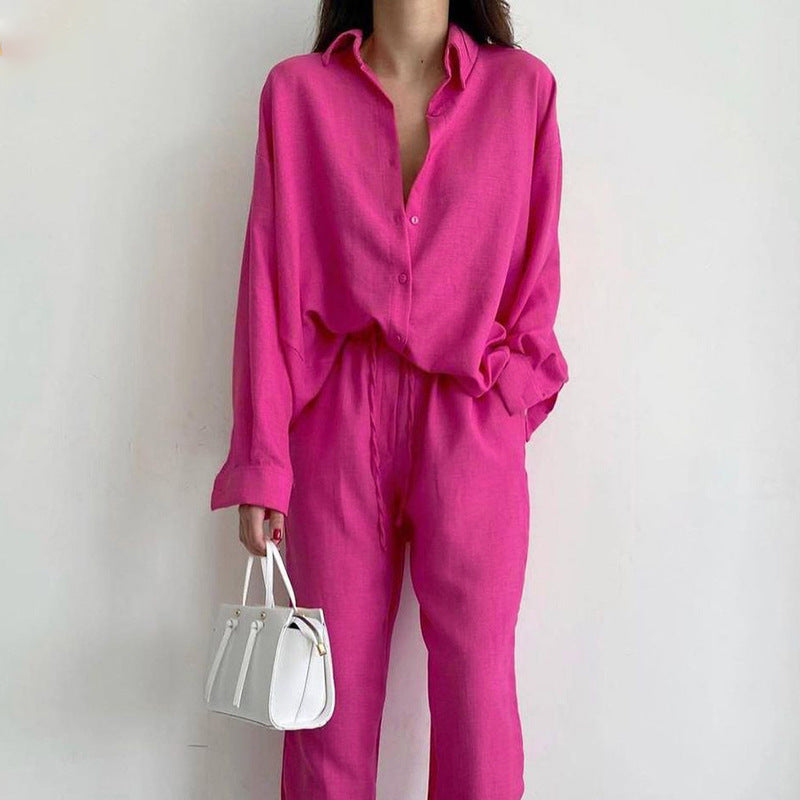 Bella Novelle set met blouse en wijde broek van linnenmix in roze